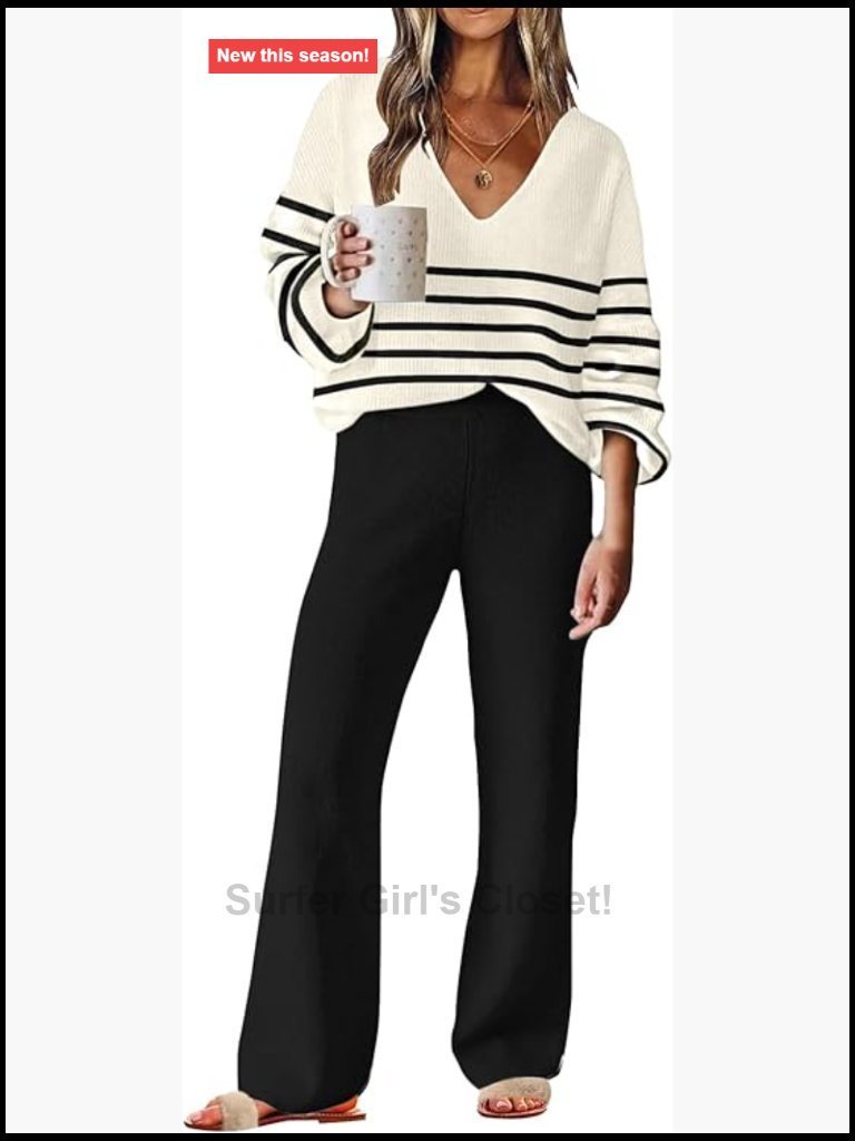 Womens 2 Piece Lounge Set V Neck Knit Top Wide Leg Pants